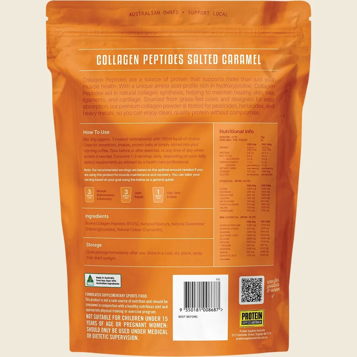 Back view of Grass Fed Collagen Peptides - Salted Caramel - 500g by Protein Supplies Australia with usage, ingredients, and nutrition info.