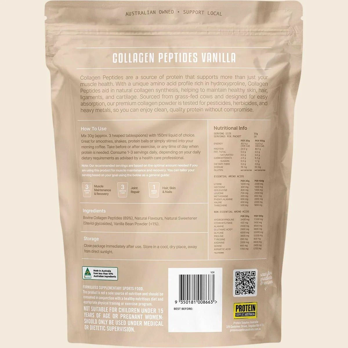 Grass Fed Collagen Peptides - Vanilla - 500g in resealable pouch by Protein Supplies Australia in Collagen Powder collection