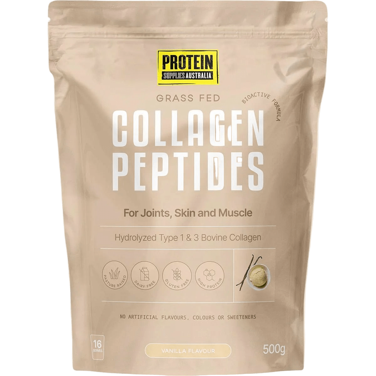 Grass Fed Collagen Peptides - Vanilla - 500g pouch by Protein Supplies Australia for joints, skin, and muscle support