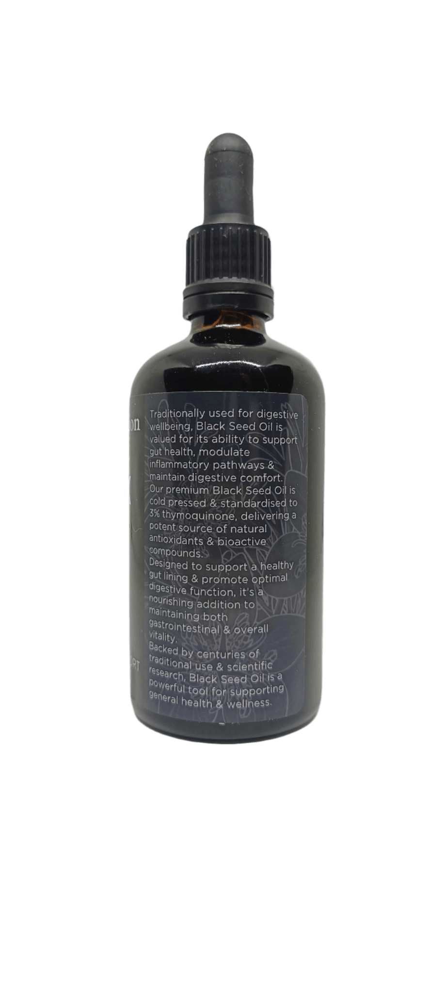 Black Seed Oil - 100ml in dark glass dropper bottle with detailed label highlighting digestive and health benefits