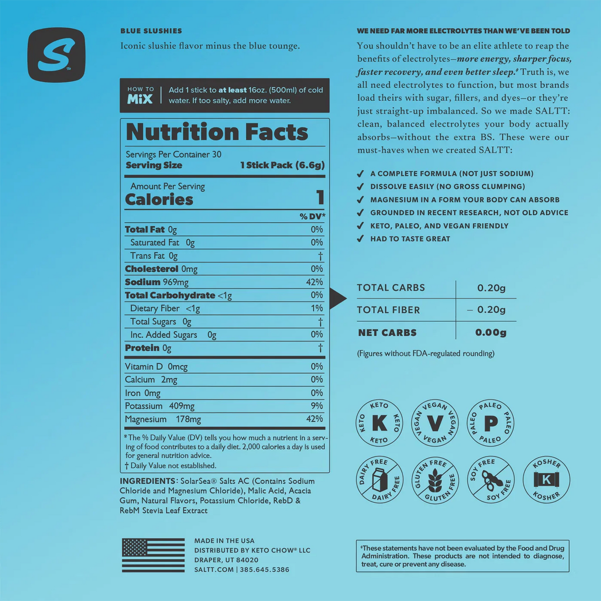 Blue Slushies - 30 Sticks by SALTT with nutrition facts, mixing instructions, and electrolyte benefits on white background