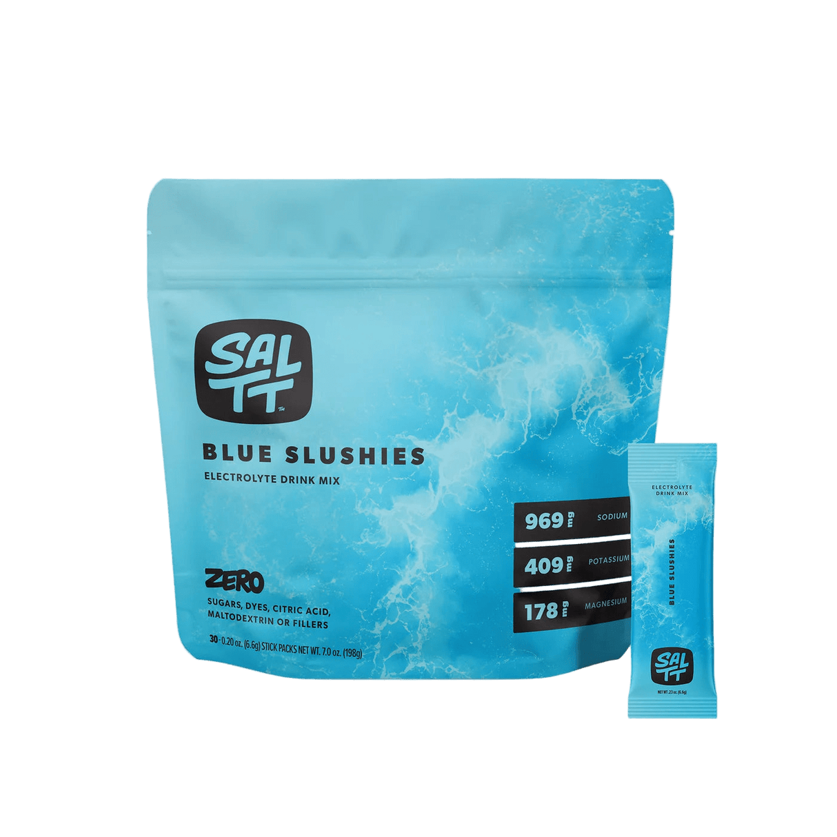 Blue Slushies - 30 Sticks by SALTT in blue resealable pouch with electrolyte content details and single stick sachet next to it