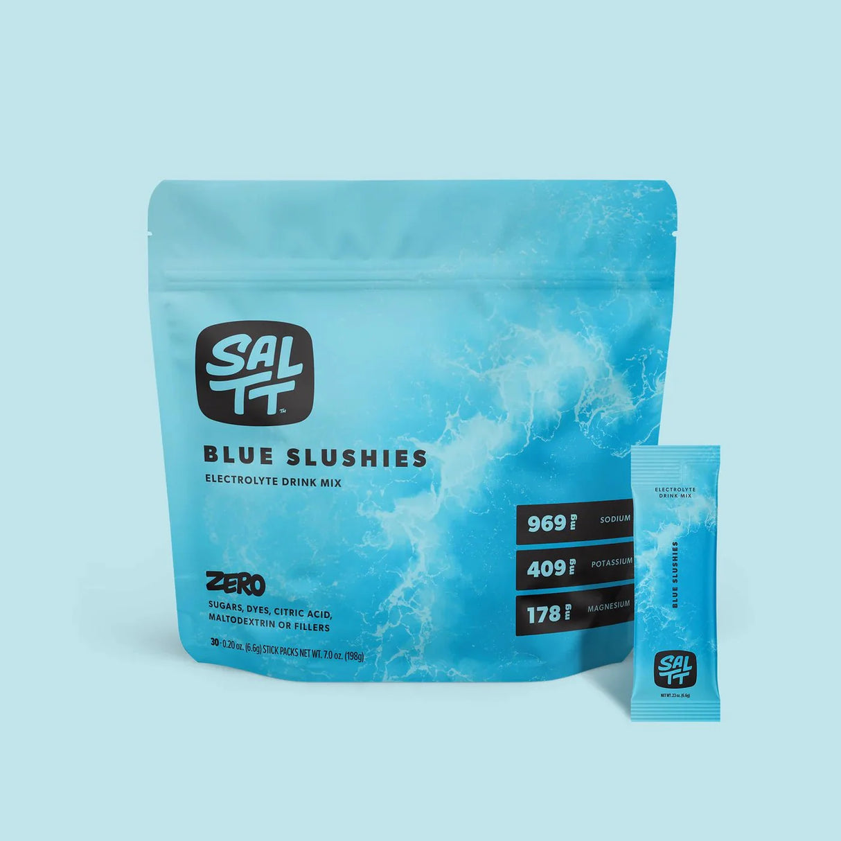 Blue Slushies - 30 Sticks electrolyte drink mix by SALTT with detailed mineral content in blue resealable pouch