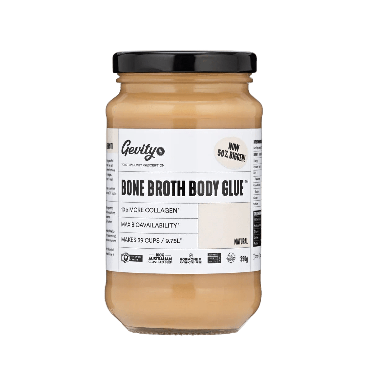 Jar of Bone Broth Body Glue - Natural - 390g by Gevity Rx with white label and black lid on white background