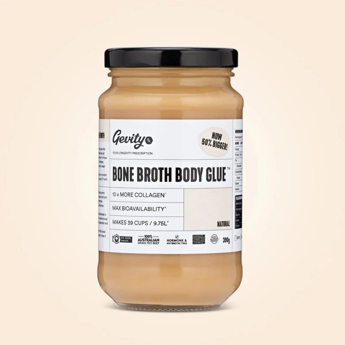 Jar of Bone Broth Body Glue - Natural - 390g by Gevity Rx, collagen-rich functional broth in clear glass jar with black lid