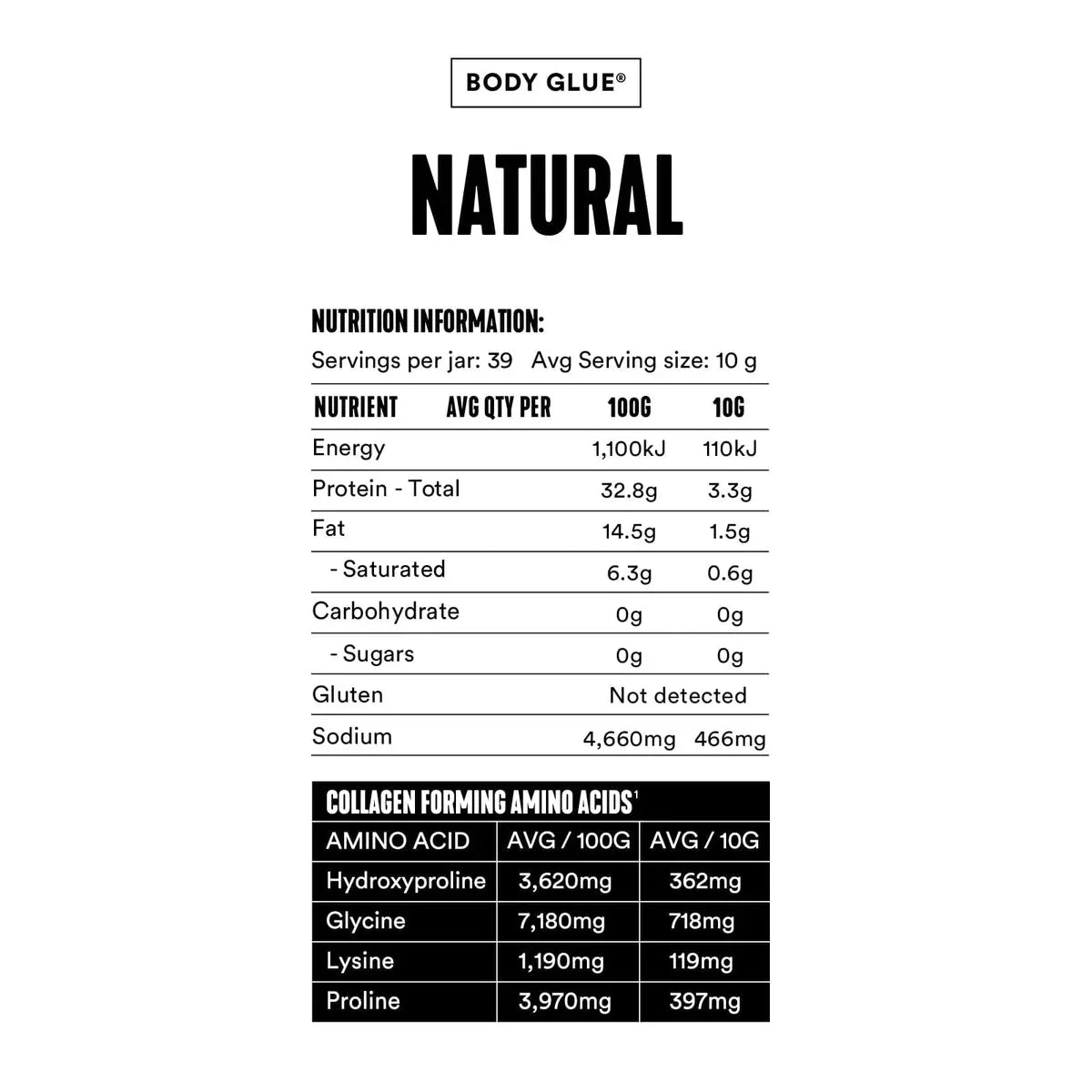 Nutrition label for Bone Broth Body Glue - Natural - 390g showing energy, protein, fat, sodium, and collagen amino acids content.
