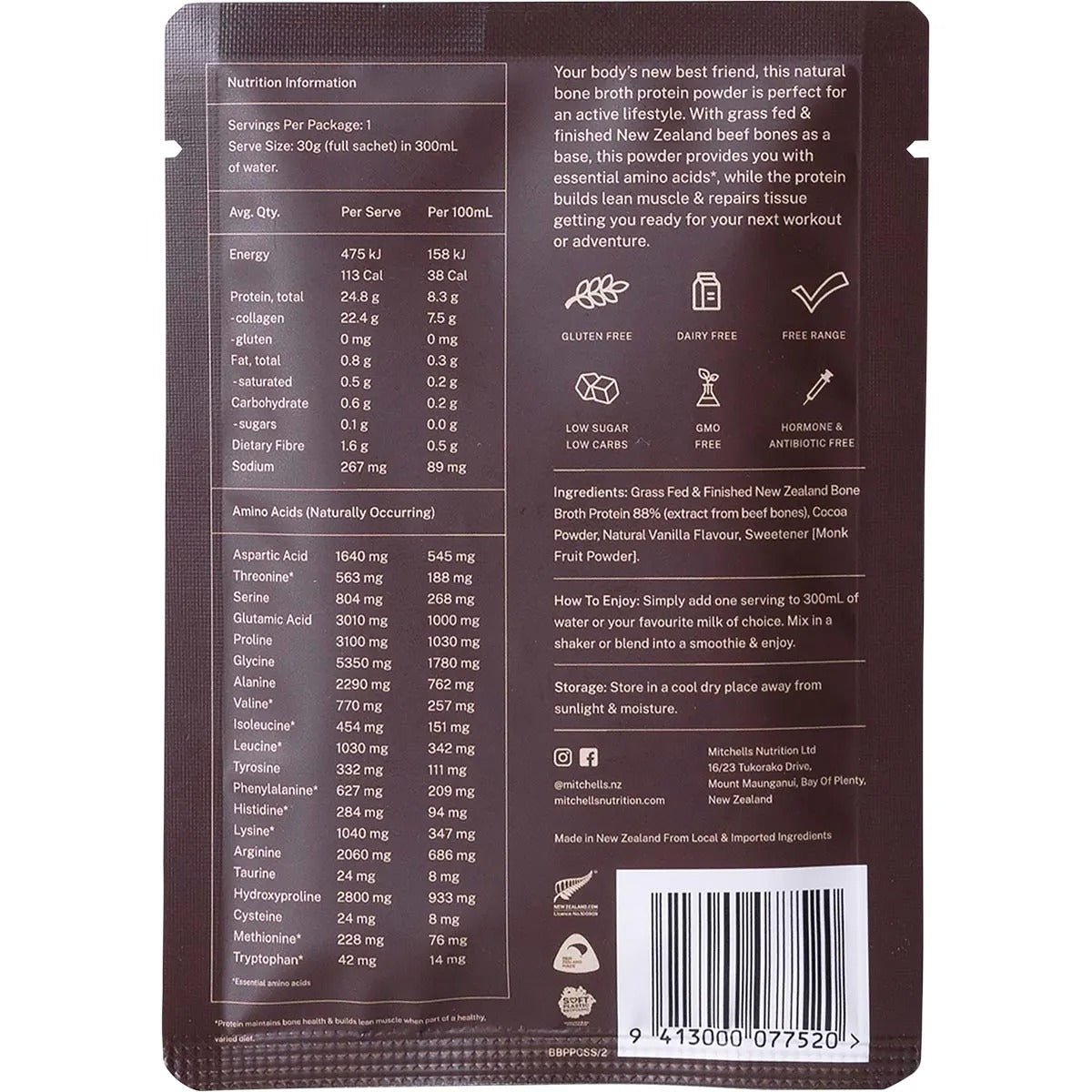 Back label of Bone Broth Protein Powder Chocolate - 30g by Mitchells Nutrition with nutrition facts, ingredients, and usage instructions.