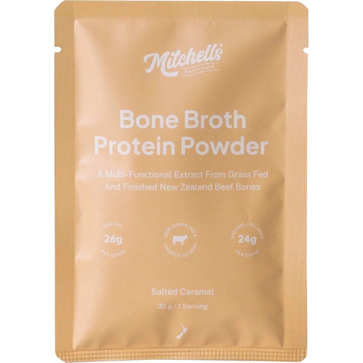 Mitchells Nutrition Bone Broth Protein Powder Salted Caramel - 30g pouch with grass-fed beef bone extract.