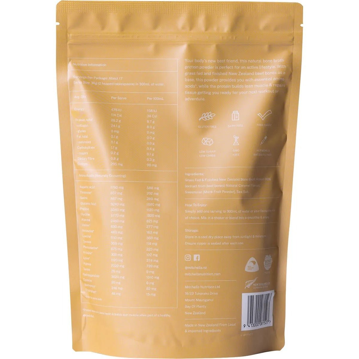 Back view of Bone Broth Protein Powder Salted Caramel - 500g by Mitchells Nutrition showing nutritional info and usage instructions.