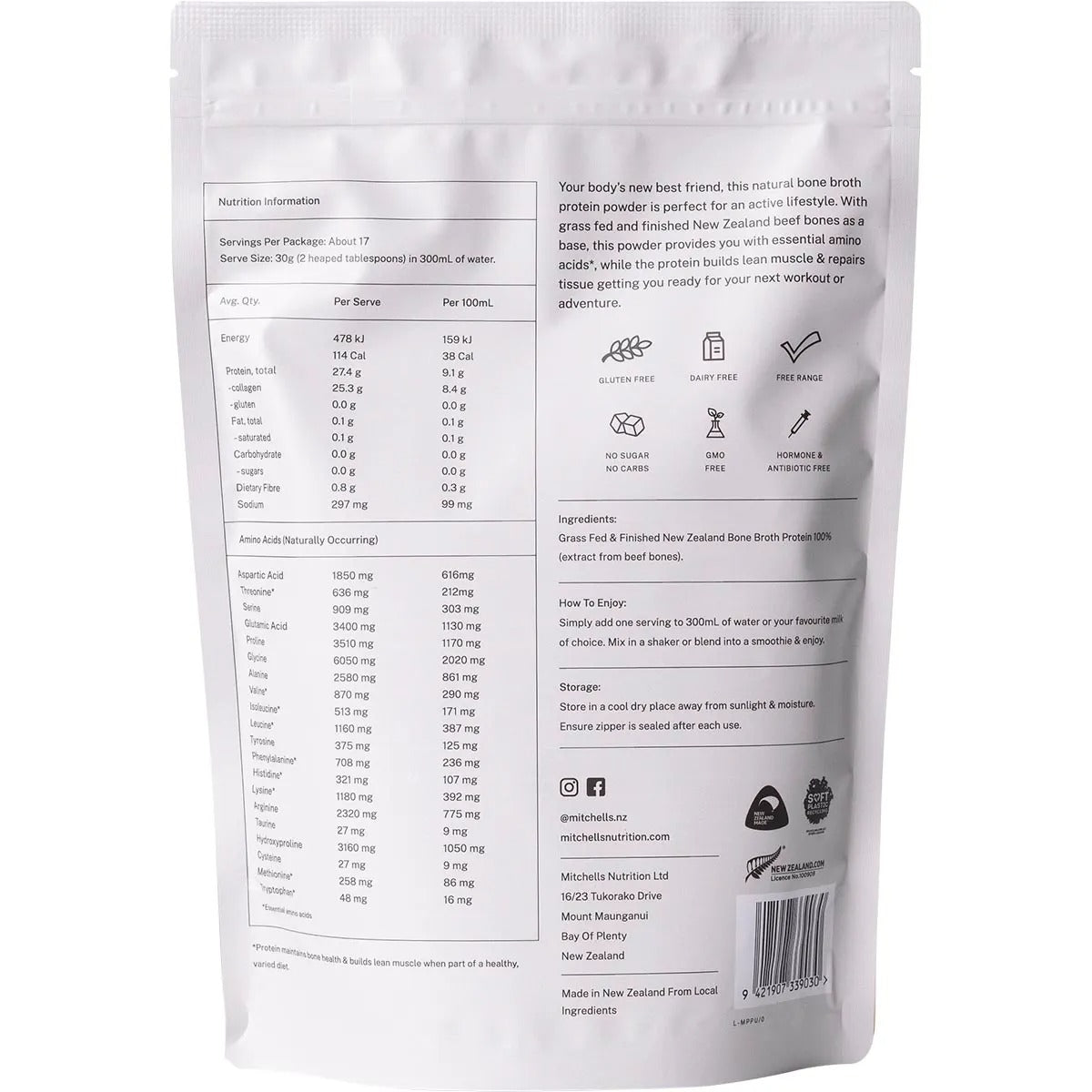 Back of Bone Broth Protein Powder Unflavoured - 500g packaging by Mitchells Nutrition showing nutrition, ingredients, and usage details.