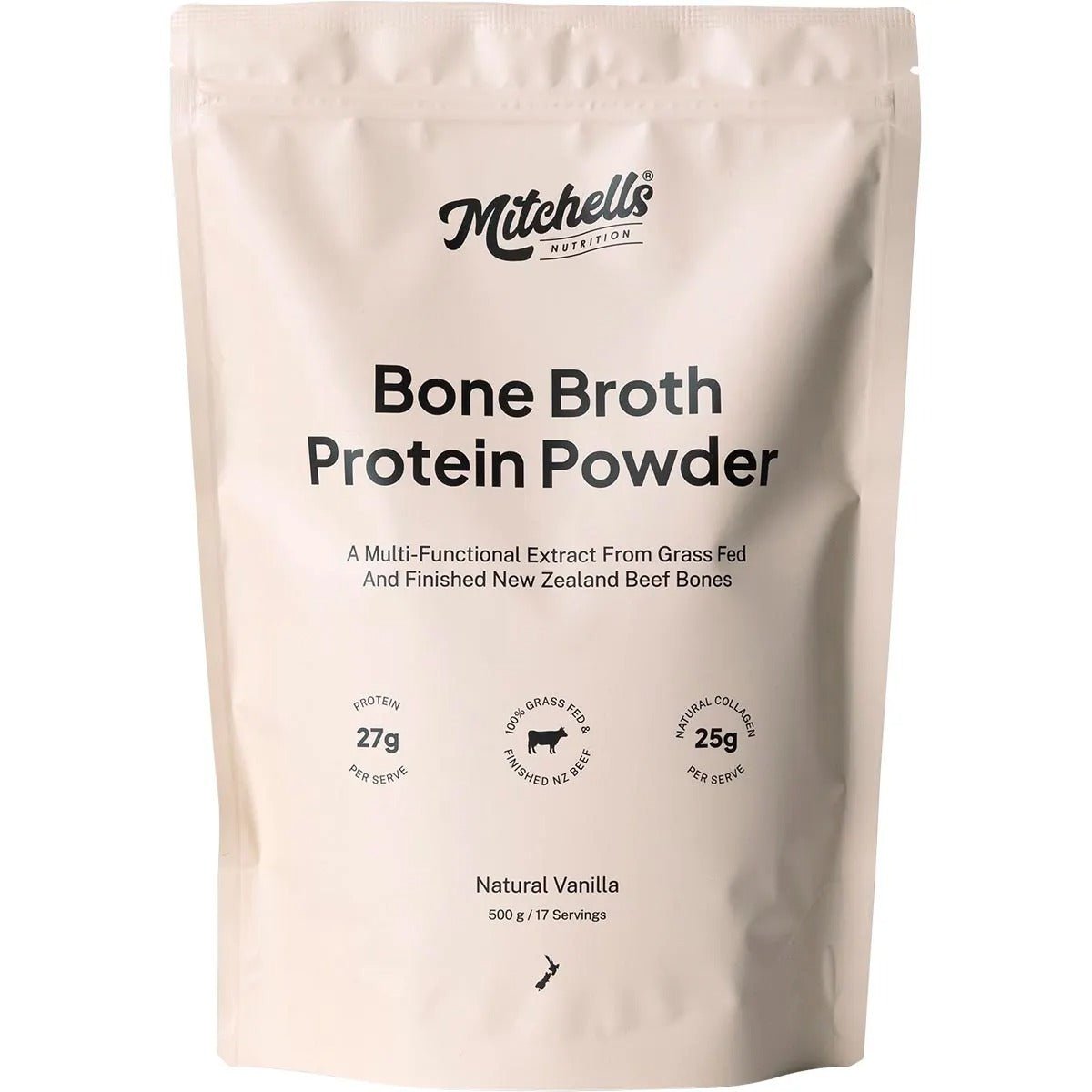 Mitchells Nutrition Bone Broth Protein Powder Vanilla - 500g in resealable beige pouch with nutrition highlights and branding visible