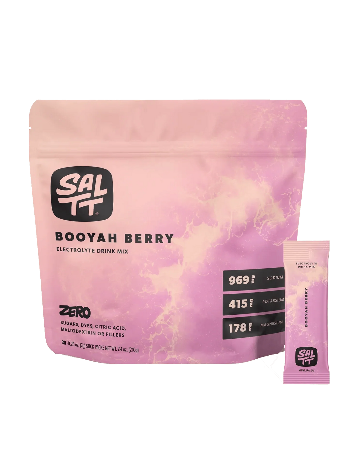 Booyah Berry Electrolyte Drink Mix - 30 Sticks by SALTT in pink packaging, featuring electrolyte content details.