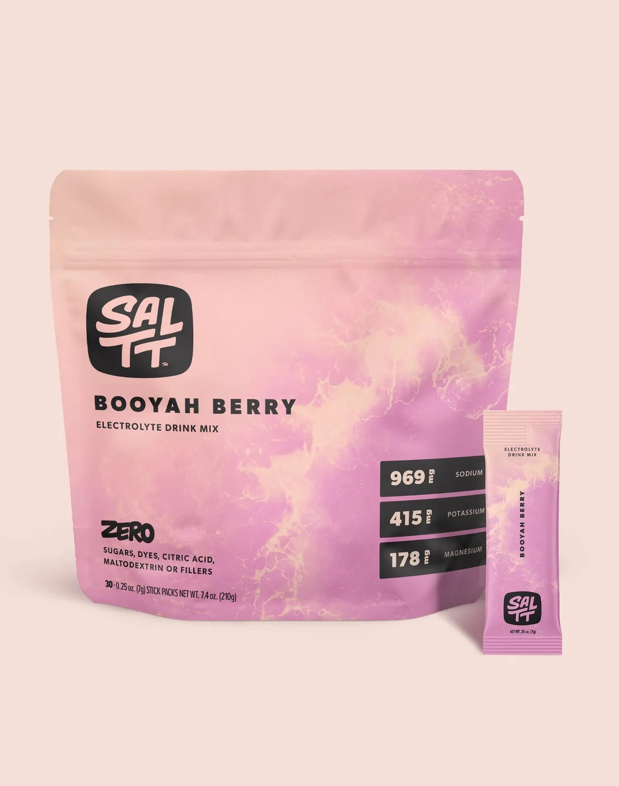 Booyah Berry Electrolyte Drink Mix - 30 Sticks by SALTT in pink packaging showing electrolyte mineral content details