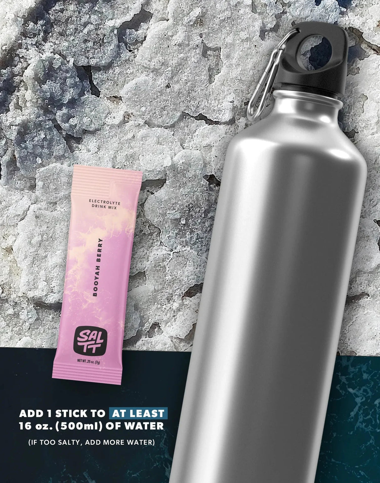 Booyah Berry Electrolyte Drink Mix - 30 Sticks sachet by SALTT next to silver water bottle on textured background