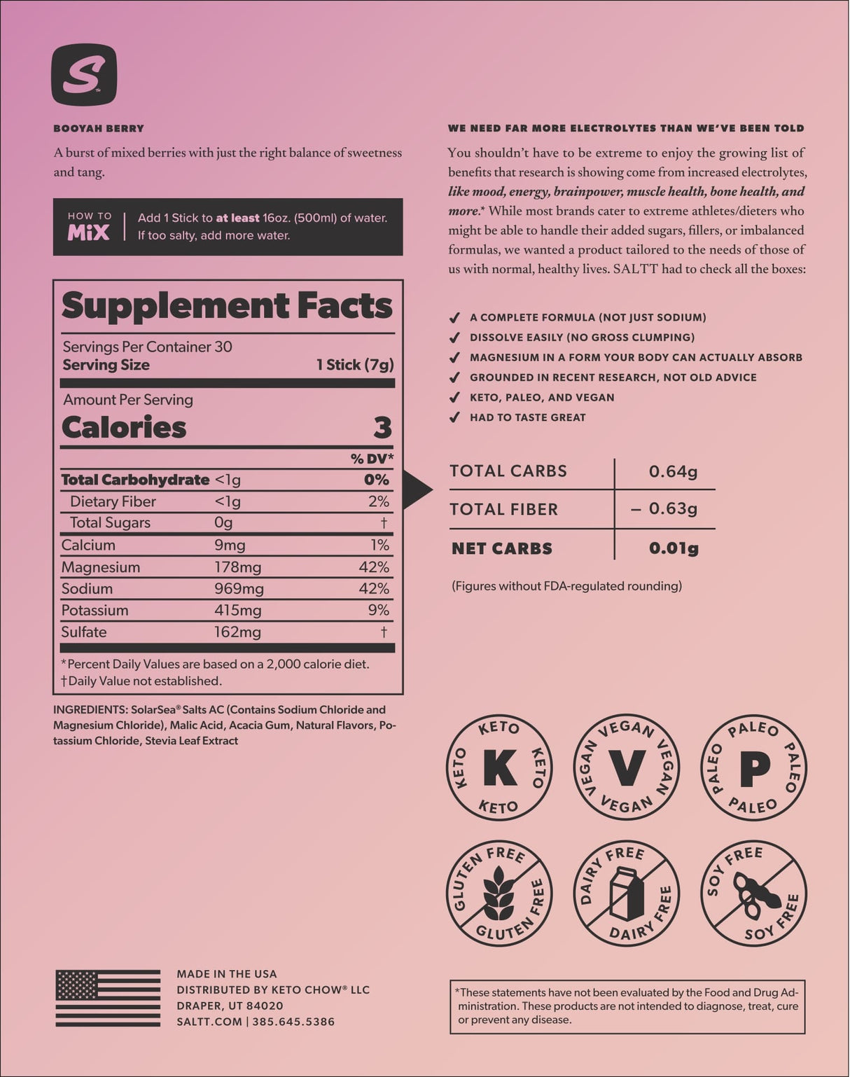 Booyah Berry Electrolyte Drink Mix - 30 Sticks supplement facts and benefits by SALTT in functional electrolyte collections.
