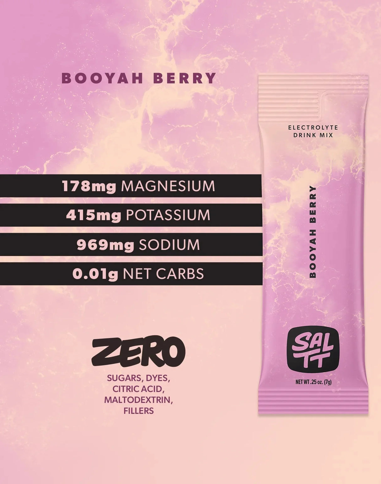 Booyah Berry Electrolyte Drink Mix - 30 Sticks by SALTT showing mineral content and zero sugars or fillers on pink background