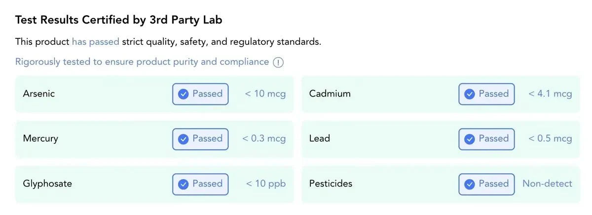 Test results for BUILD THINK CONQUER - Supports Sight, Joints, Cognition - 160 Capsules by NXGEN Wholefoods showing passed safety and purity standards.