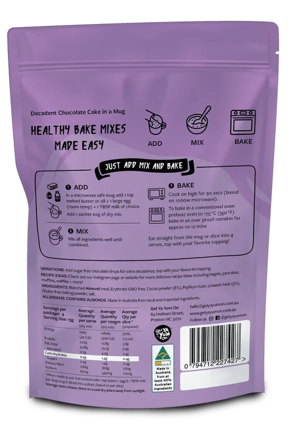 Back view of Decadent Chocolate - Cake In A Mug - 60g by Get Ya Yum On with baking instructions on purple resealable pack