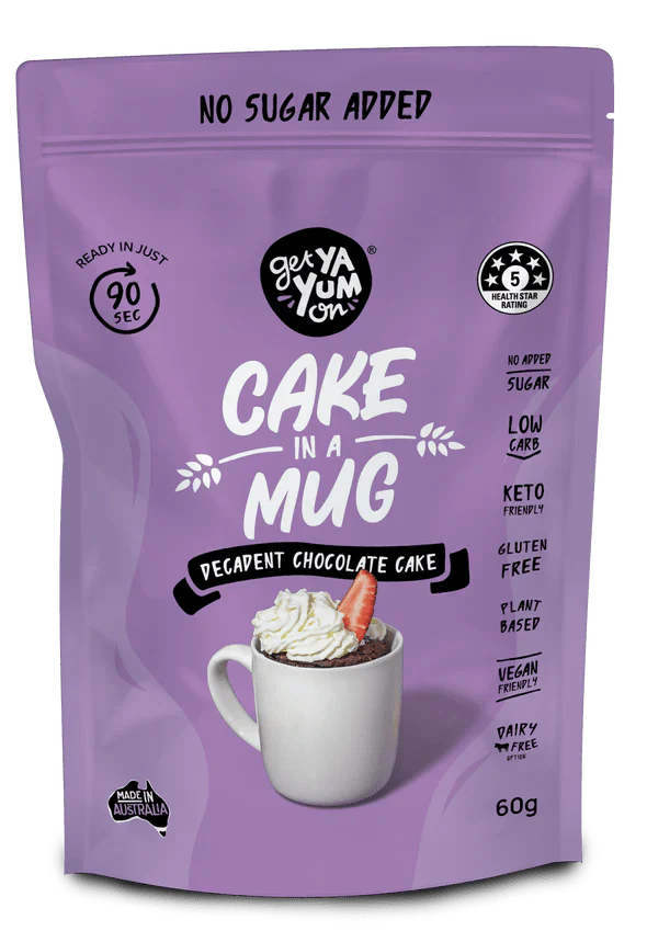Get Ya Yum On Decadent Chocolate - Cake In A Mug - 60g in purple pack with mug and whipped topping image.