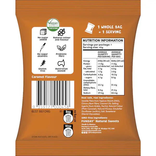Back of Funday Caramel Chews - 45g pack showing nutrition, ingredients, and vegan certification details.