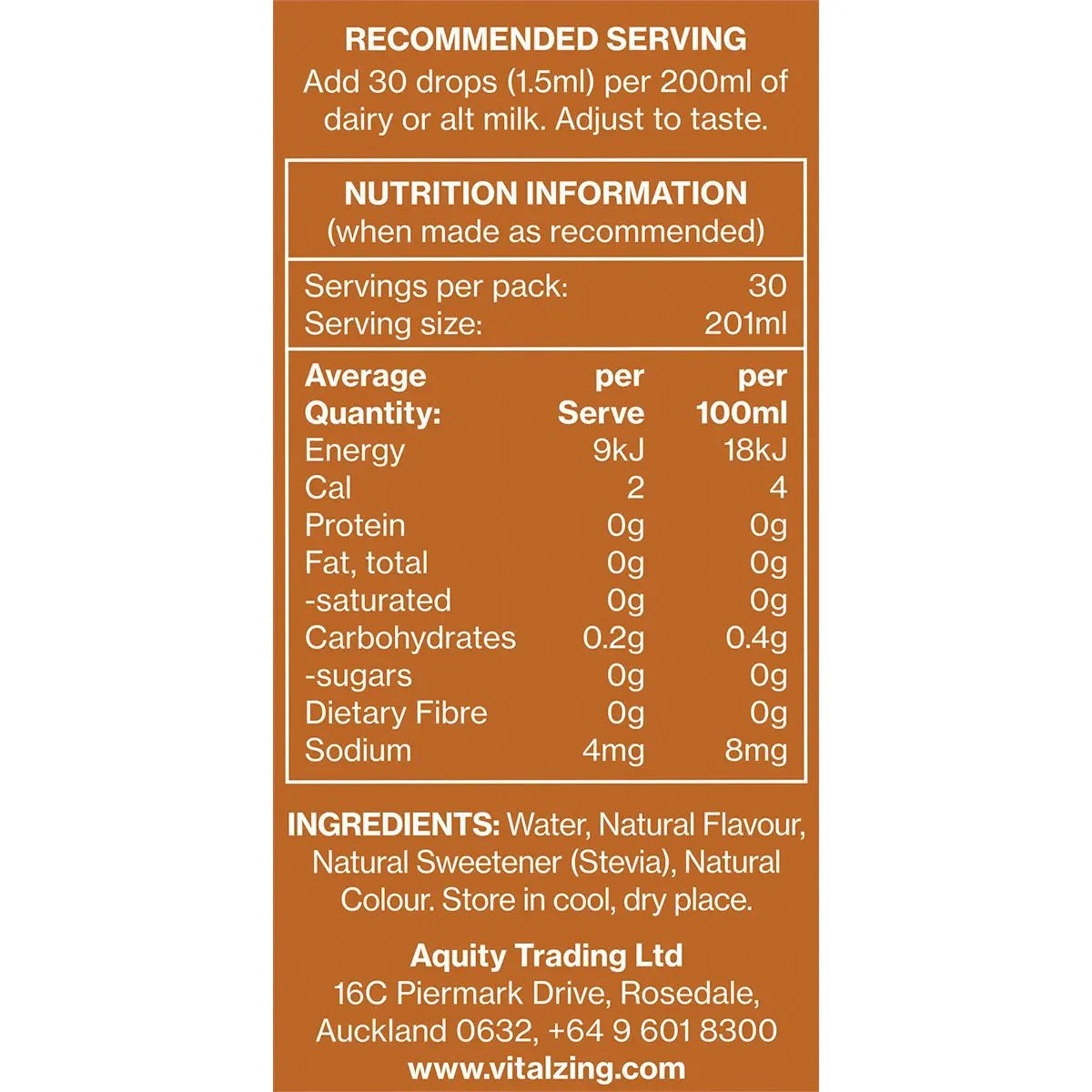Nutrition facts and ingredients label for Caramel MilkDrops - 40ml by Vitalzing, low calorie, natural sweetener.