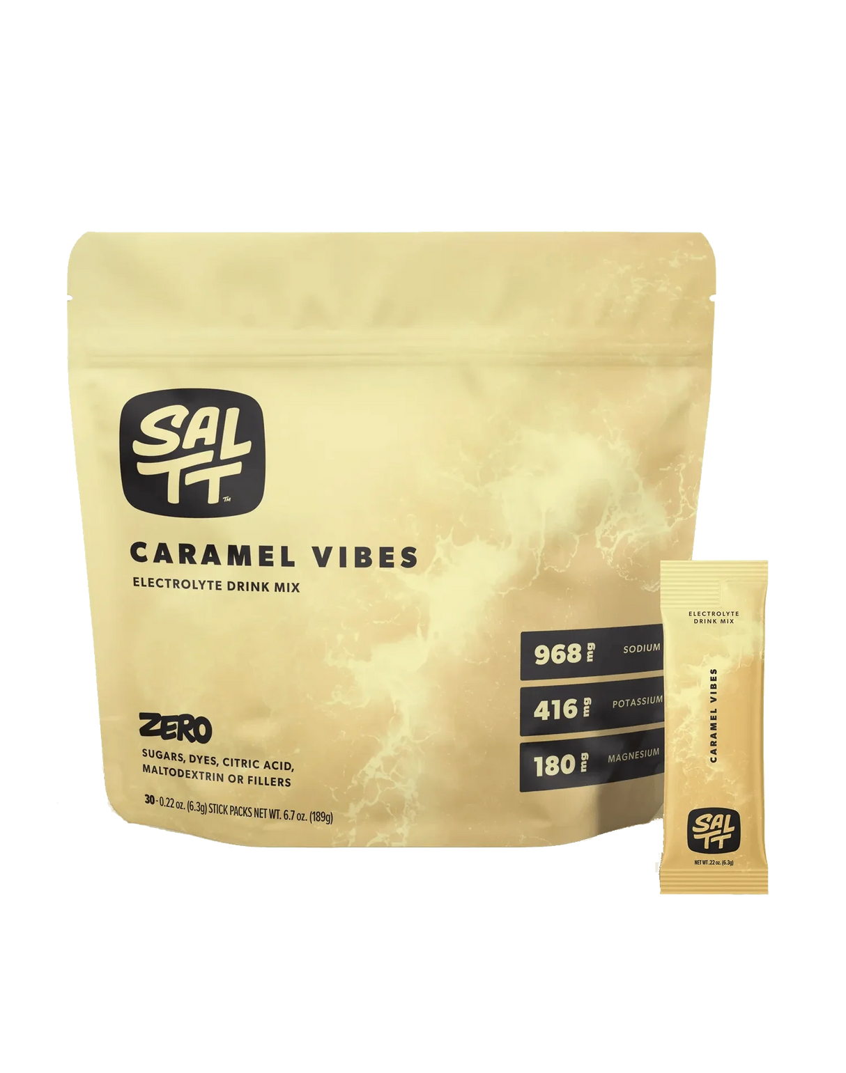SALTT Caramel Vibes Electrolyte Drink Mix - 30 Sticks in tan resealable bag highlighting sodium, potassium, magnesium content