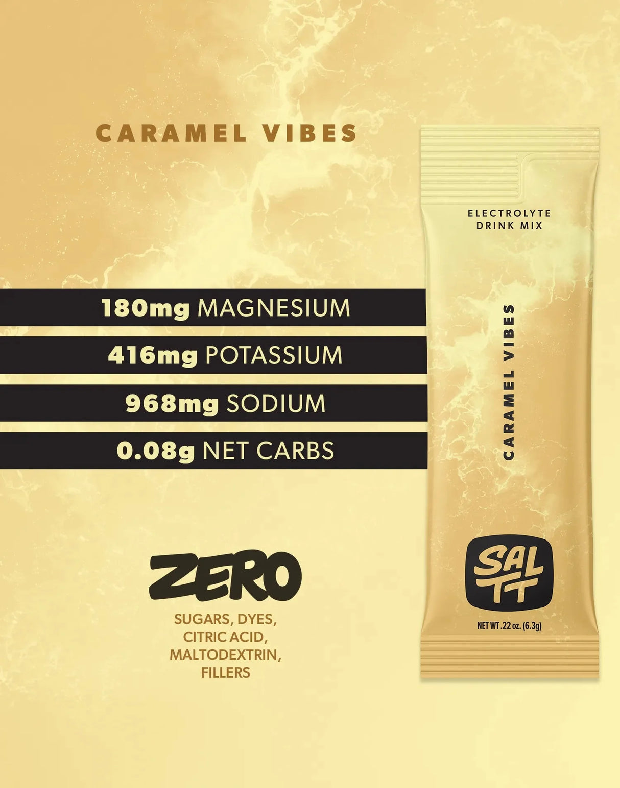 Caramel Vibes Electrolyte Drink Mix - 30 Sticks by SALTT with magnesium, potassium, sodium, and low net carbs details