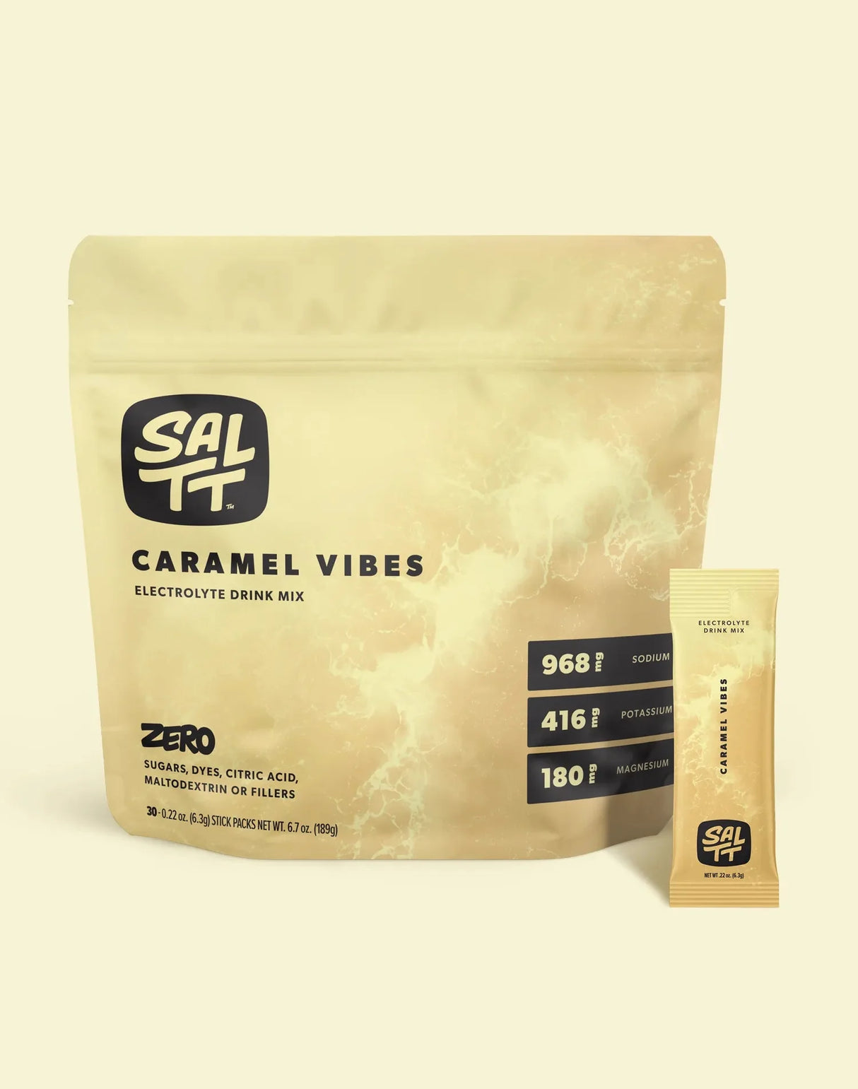 Caramel Vibes Electrolyte Drink Mix - 30 Sticks by SALTT in beige packaging with electrolyte mineral content details