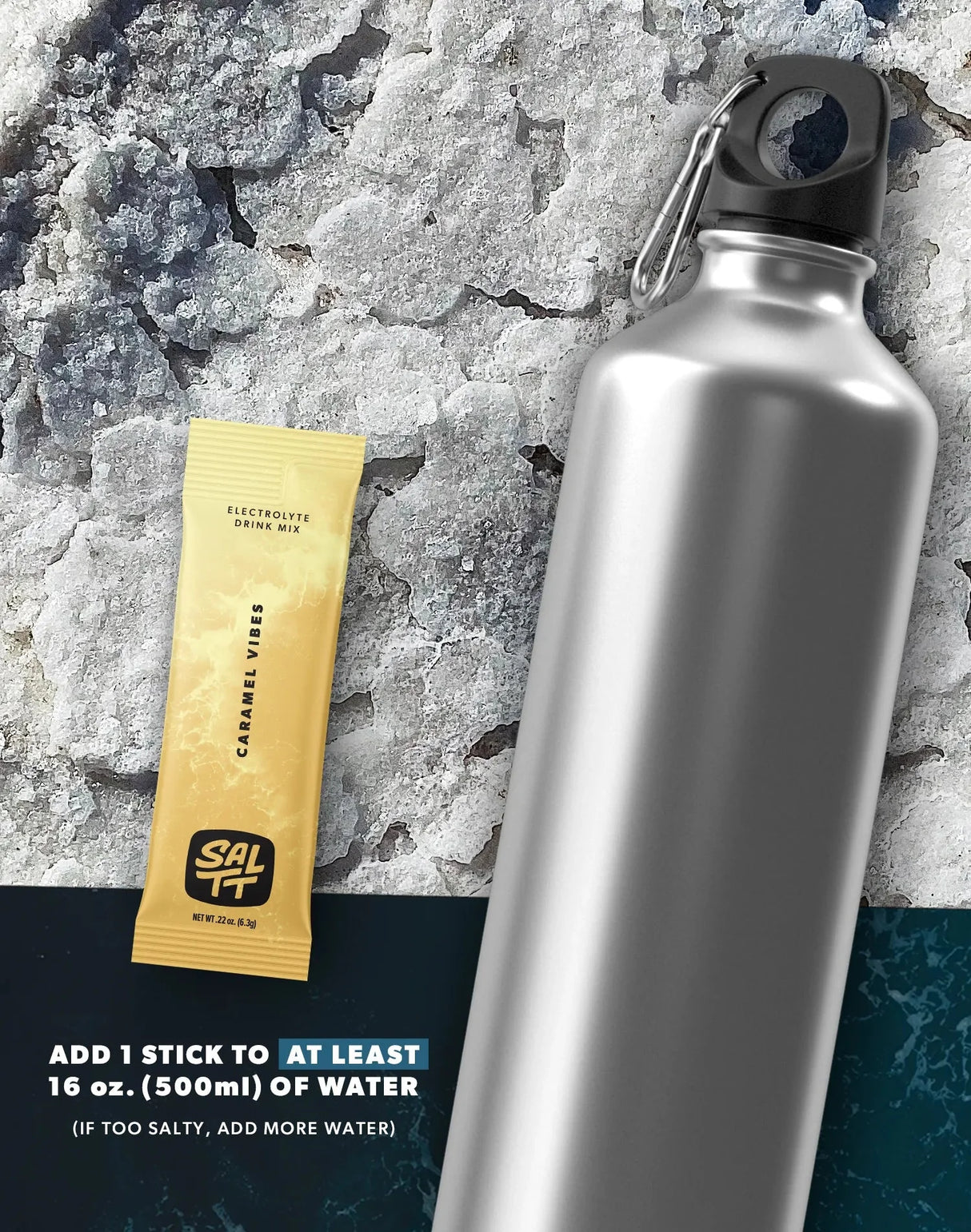 Caramel Vibes Electrolyte Drink Mix - 30 Sticks by SALTT next to silver water bottle on textured surface