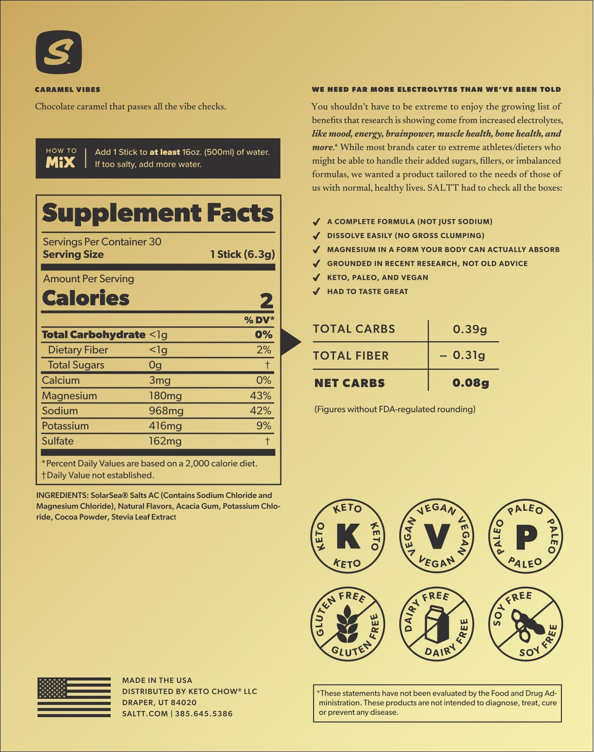 Nutrition facts and ingredient details for Caramel Vibes Electrolyte Drink Mix - 30 Sticks by SALTT.