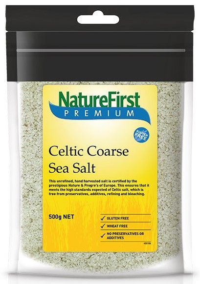 Unrefined Celtic Sea Salt - Coarse - 500g by Nature First in clear resealable pouch with yellow label and gluten-free info