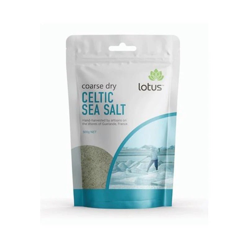 Lotus Celtic Sea Salt - Coarse Dry - 500g pouch with artisan-harvested sea salt from Guerande, France.