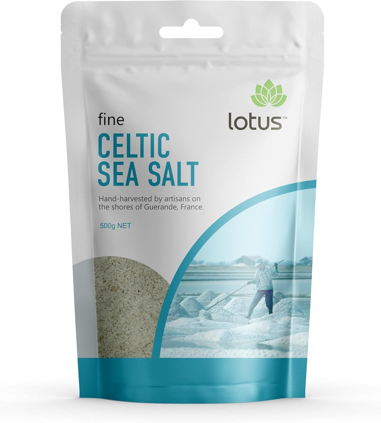 Celtic Sea Salt - Fine - 500g by Lotus in resealable pouch featuring artisan sea salt harvesting image
