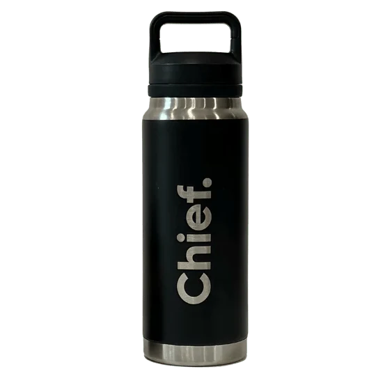 Chief Stainless Steel Water Bottle 800ml in matte black with silver accents and a sturdy carry handle design