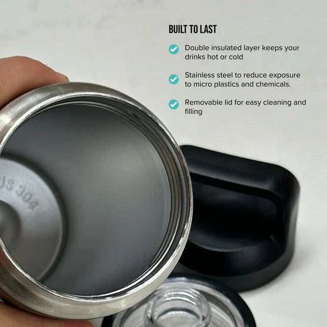 Chief Stainless Steel Water Bottle 800ml open view showing stainless steel interior and removable black lid components
