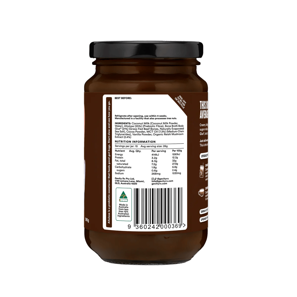 Chocolate Bone Broth - 390g by Gevity Rx, brown jar showing nutrition and ingredient details, Australian made.
