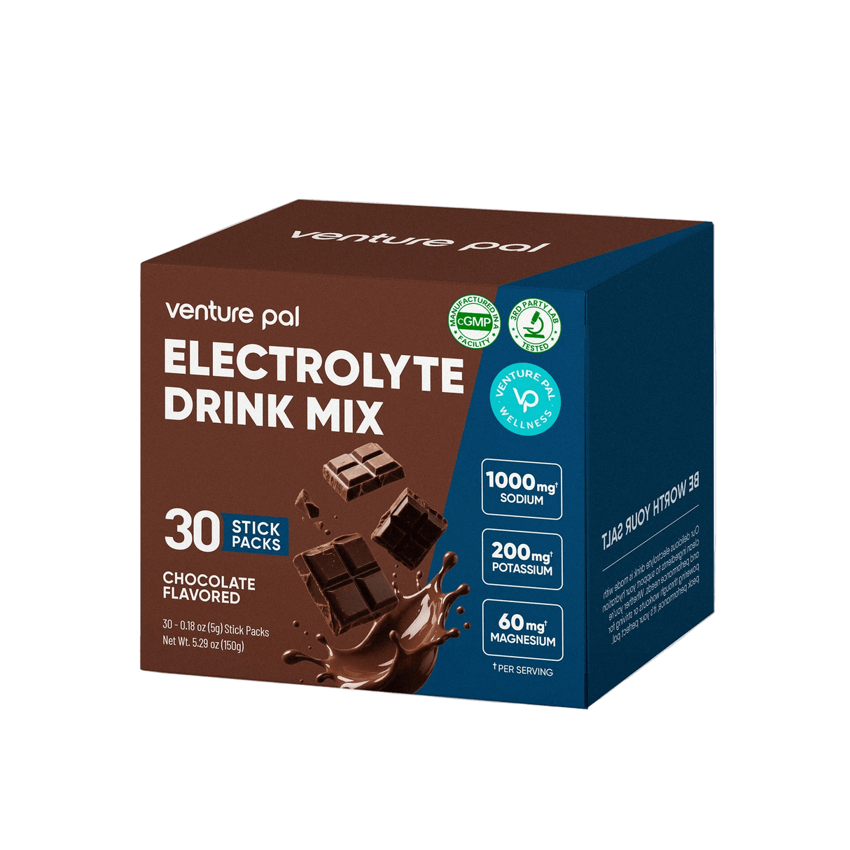 Venture Pal Chocolate Electrolyte Drink Mix - 30 Sticks box with chocolate pieces and electrolyte info on the packaging.
