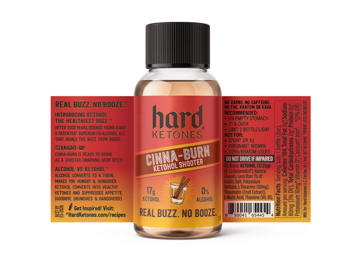 Bottle of Ketohol - Cinna-Burn Shooter - 17g Ketohol - 0% Alcohol by Hard Ketones with detailed label and ingredients information.