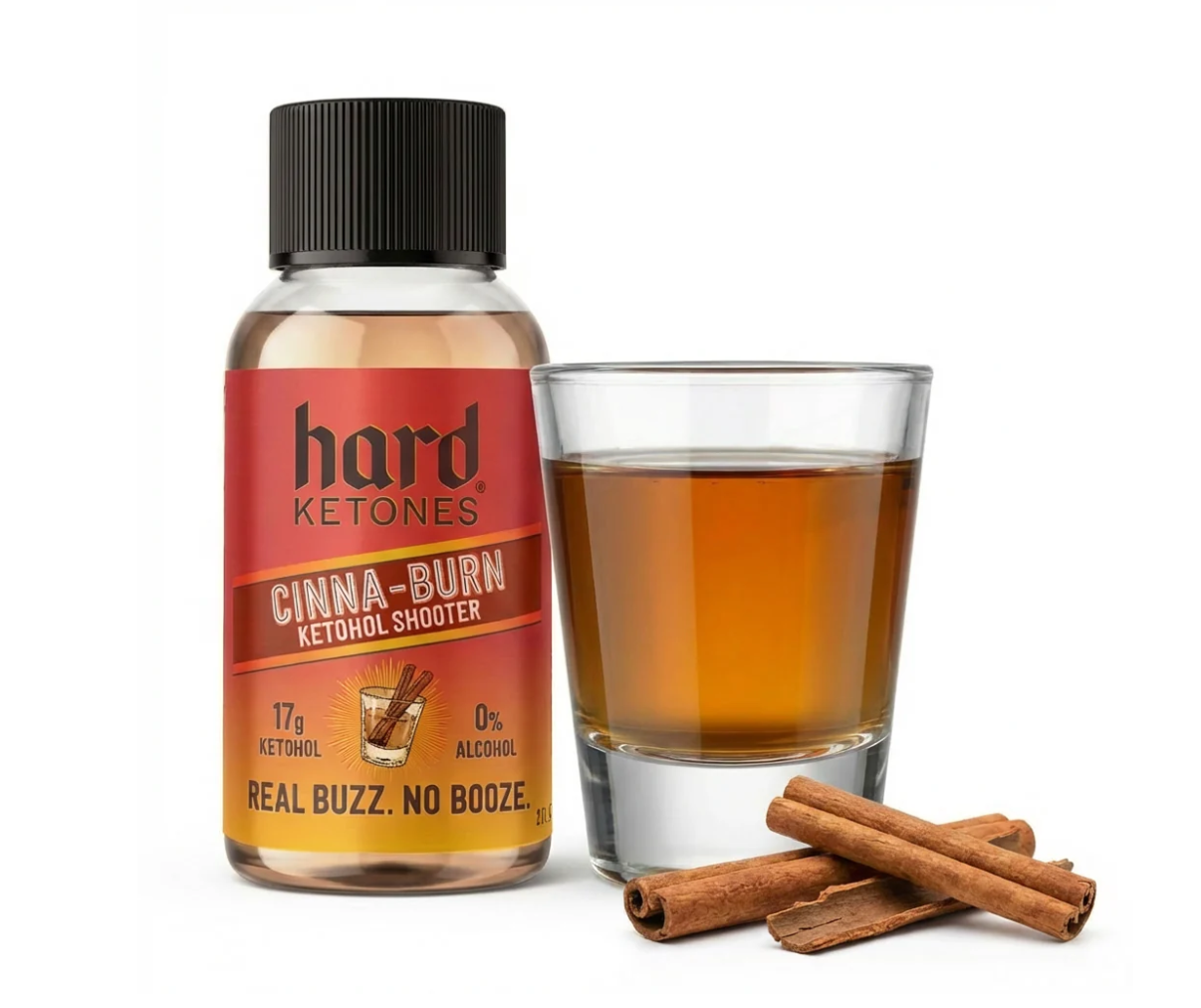 Hard Ketones Ketohol - Cinna-Burn Shooter - 17g Ketohol - 0% Alcohol with cinnamon sticks and glass of amber liquid