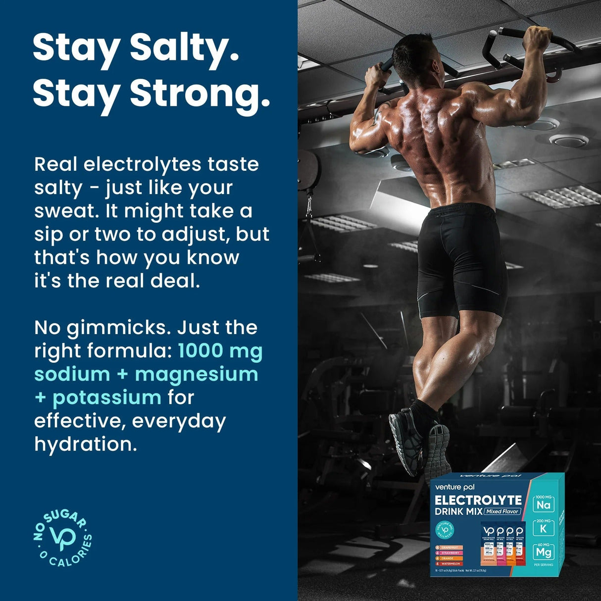 Muscular man doing pull-ups in gym with Citrus Crush Variety Pack - 16 Sticks electrolyte drink by Venture Pal nearby