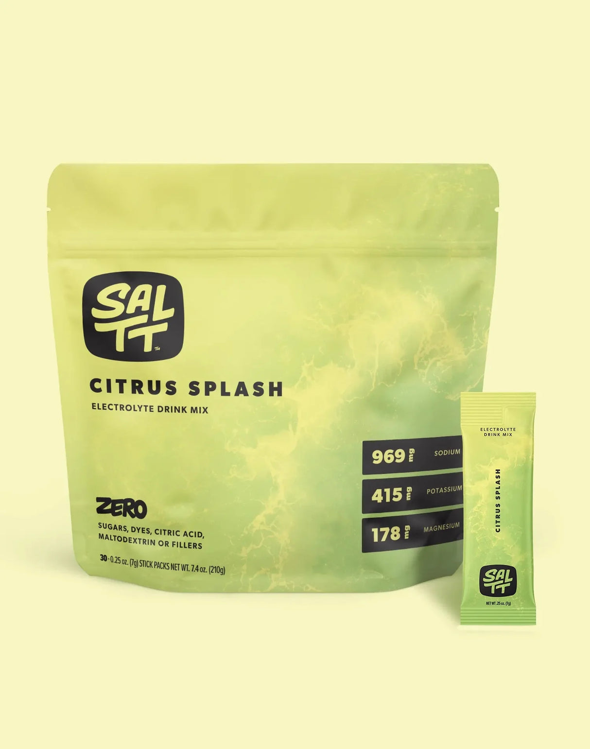 SALTT Citrus Splash Electrolyte Drink Mix - 30 Sticks packaging highlighting sodium, potassium, and magnesium content in green pouch