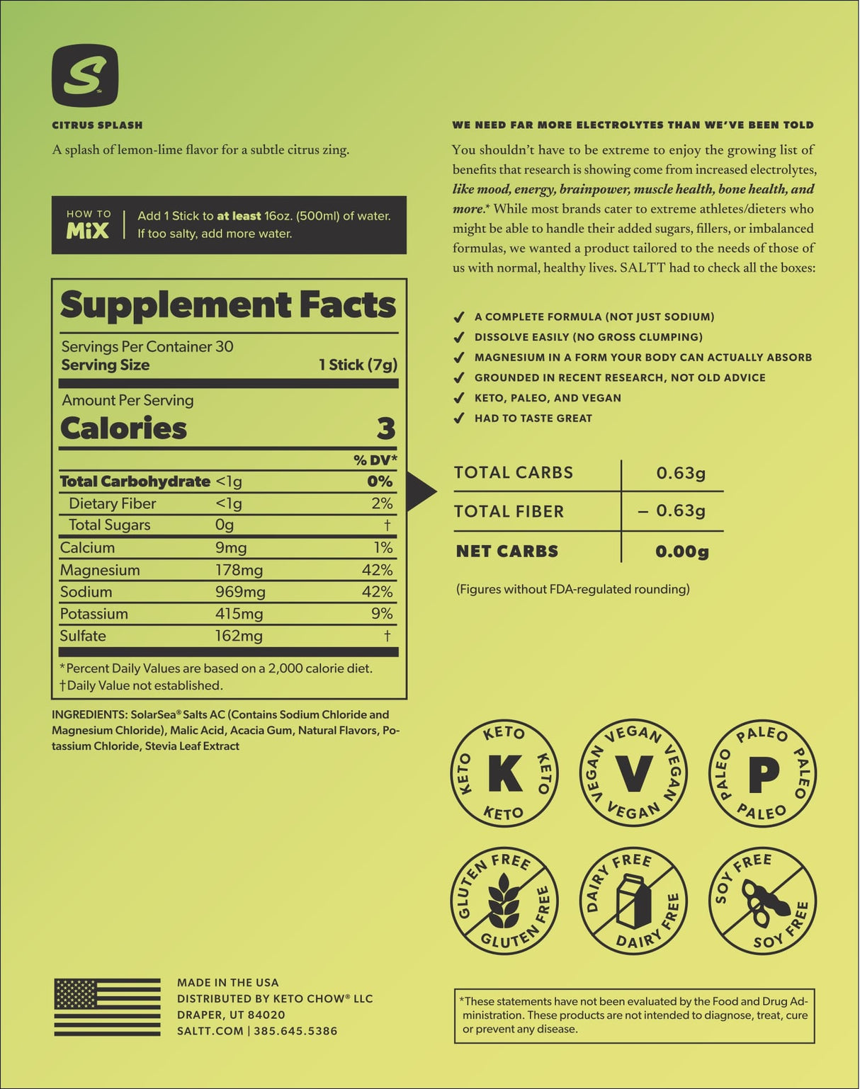 Citrus Splash Electrolyte Drink Mix - 30 Sticks nutrition facts and benefits by SALTT in Keto, Paleo, Vegan collections.
