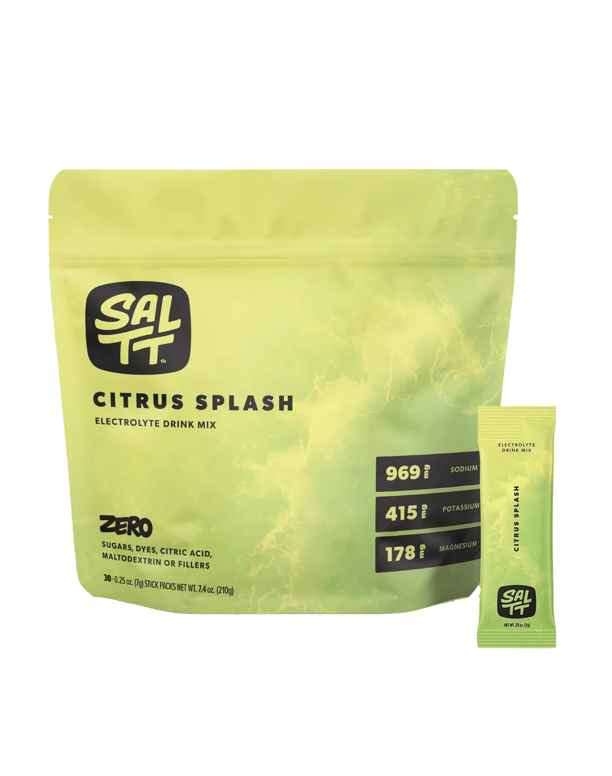 SALTT Citrus Splash Electrolyte Drink Mix - 30 Sticks in bright yellow-green packaging highlighting sodium, potassium, and magnesium content