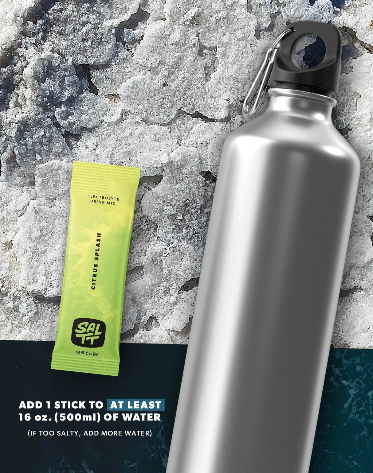 Citrus Splash Electrolyte Drink Mix - 30 Sticks by SALTT shown next to silver water bottle on textured surface