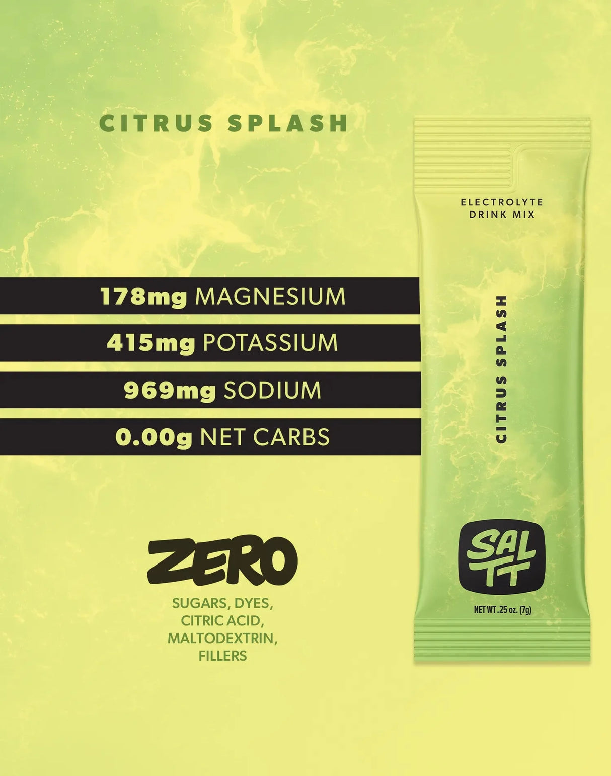 Citrus Splash Electrolyte Drink Mix - 30 Sticks by SALTT showing mineral content and zero carbs on yellow background.