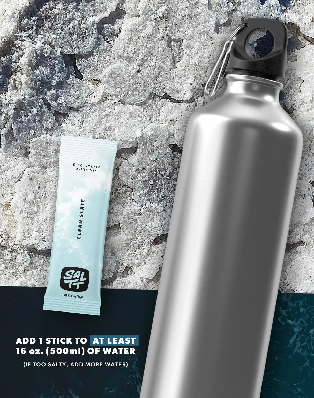 Clean Slate (Unflavoured) Electrolyte Drink Mix - 30 Sticks packet beside silver water bottle on textured salt surface by SALTT
