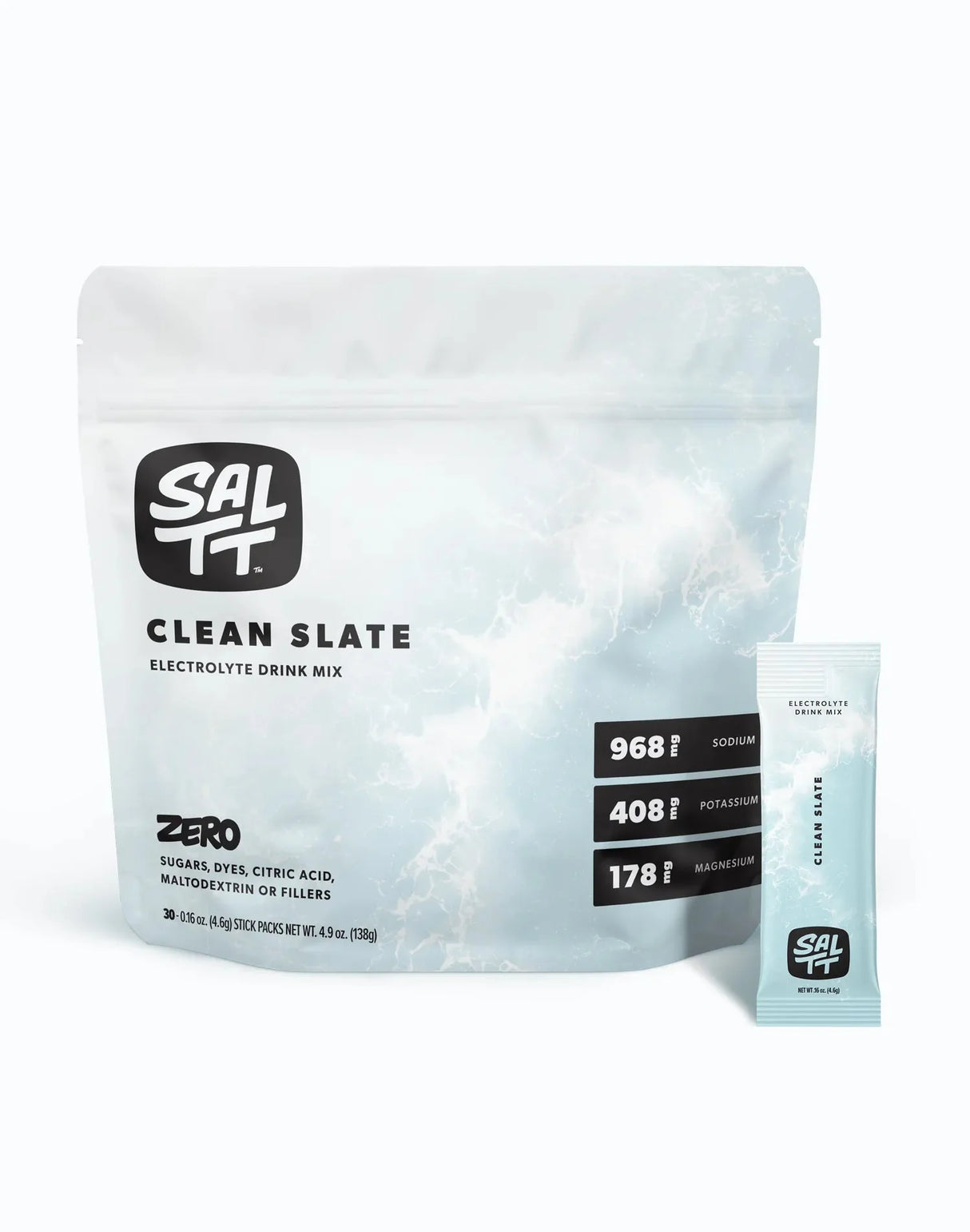 Clean Slate (Unflavoured) Electrolyte Drink Mix - 30 Sticks by SALTT in white resealable pouch with mineral content info.