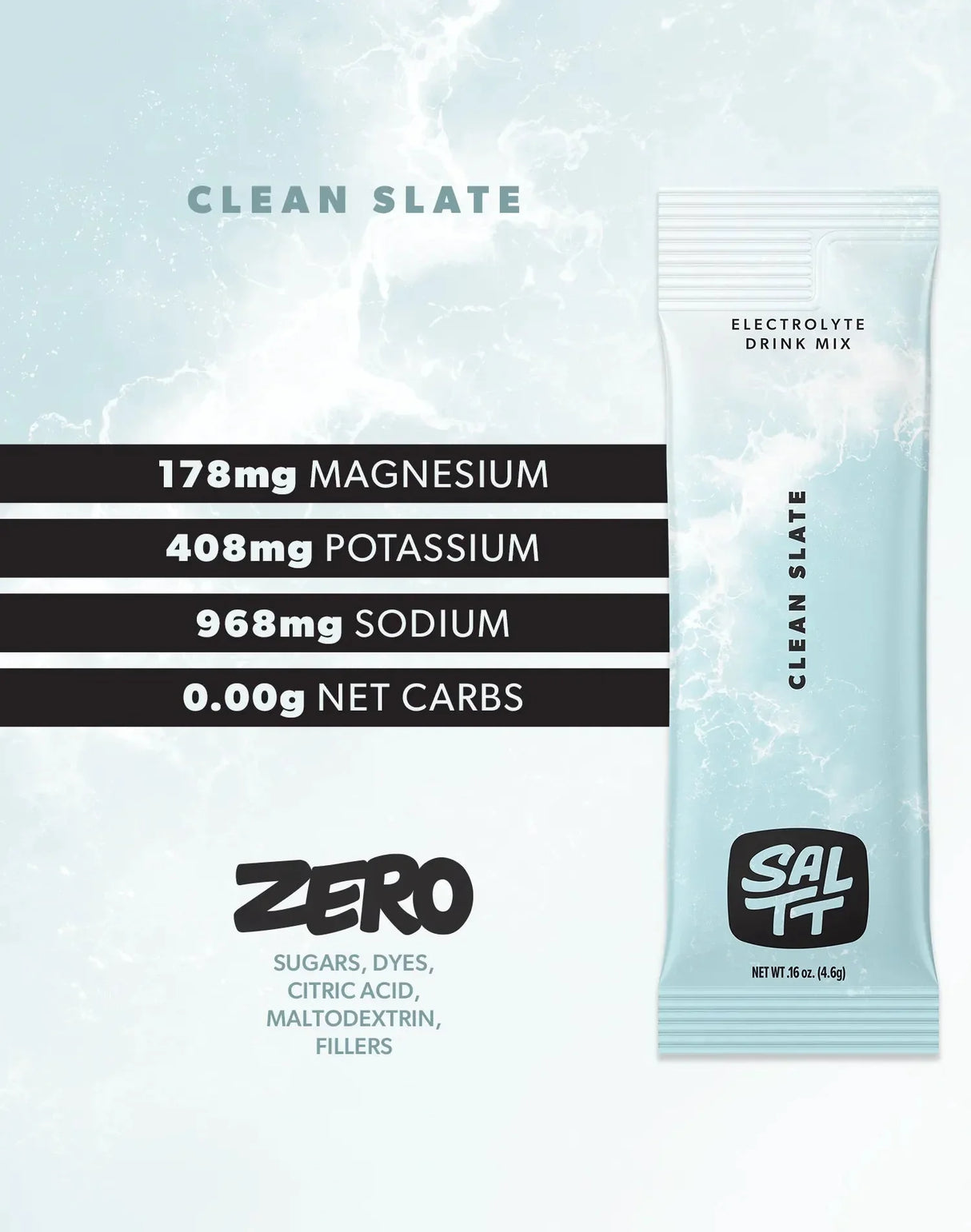 Clean Slate (Unflavoured) Electrolyte Drink Mix - 30 Sticks by SALTT with magnesium, potassium, sodium, zero net carbs.