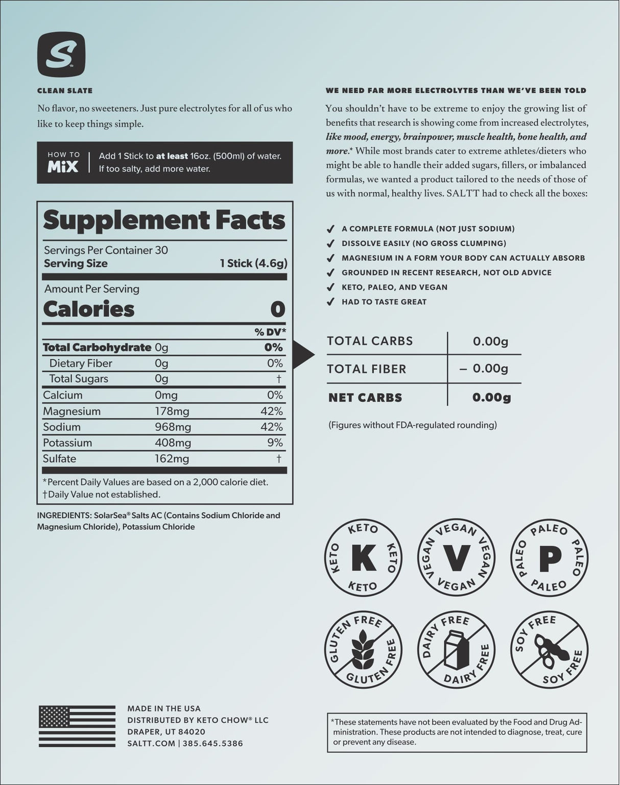 Clean Slate (Unflavoured) Electrolyte Drink Mix - 30 Sticks by SALTT supplement facts label and dietary information.