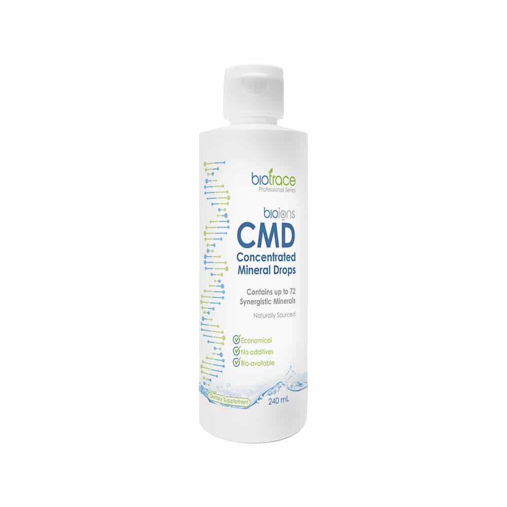 BioTrace CMD Concentrated Mineral Drops - 240ml bottle showing mineral blend with natural source, bio-available and additive-free label.